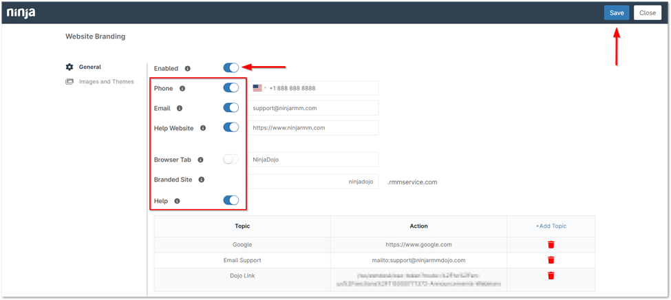 Once all configurations are complete, click the Save button located in the upper-right corner to apply your branding settings. 