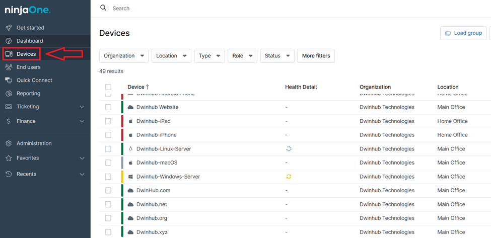 Navigate to the Devices section to view a comprehensive list of all managed endpoints. 