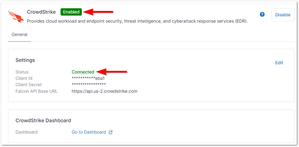 Crowdstrike status is enabled and connected