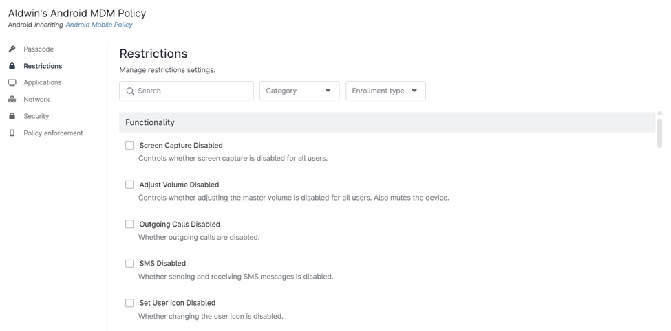 A screenshot of an MDM policy for Android Restrictions