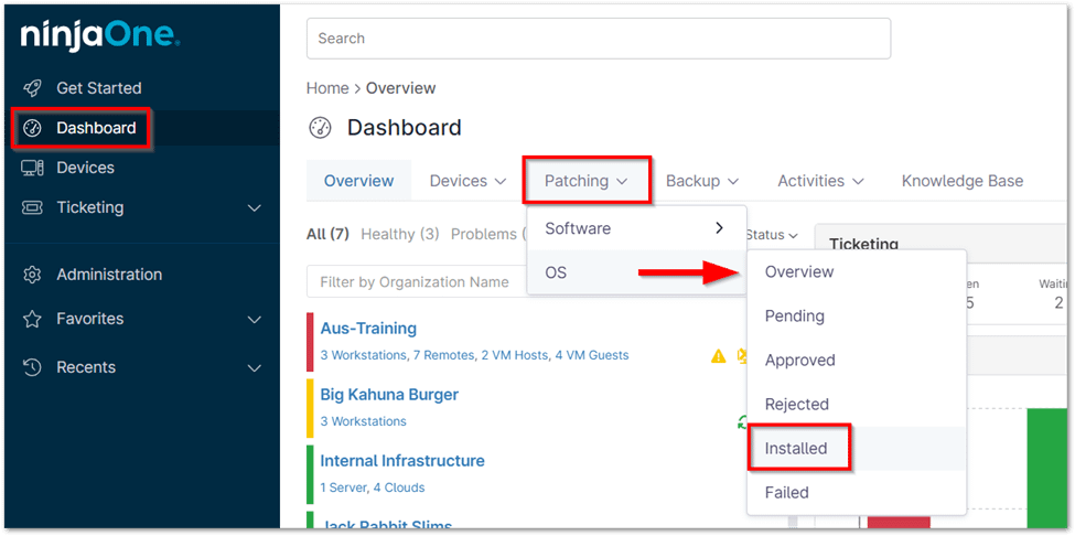 Navigate to the Dashboard from the left-hand menu, then select the Patching tab. Choose the OS category and click on Installed. 