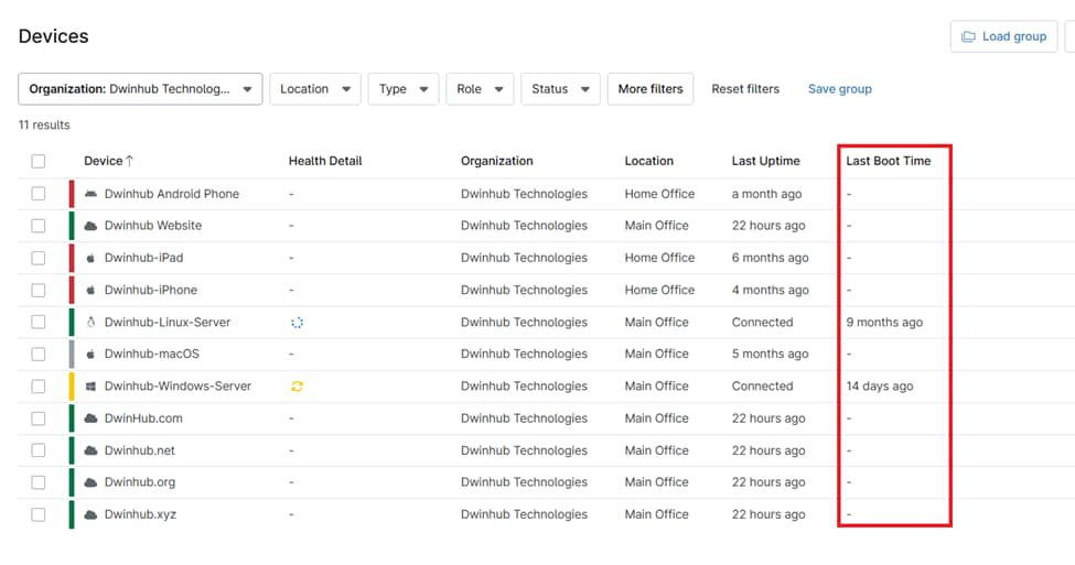 Last Boot Time column will now be displayed in the Devices dashboard