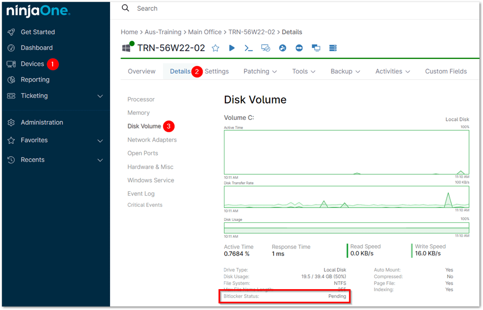 Select Disk Volume from the left-hand menu. The FileVault status for each volume will be displayed. 