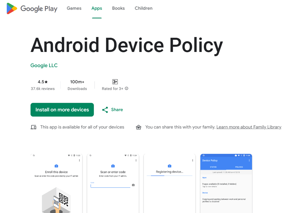 A screenshot showing the Android Device Policy app
