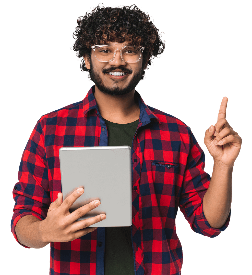 Helpdesk worker holding a tablet and wearing a red and black plaid shirt