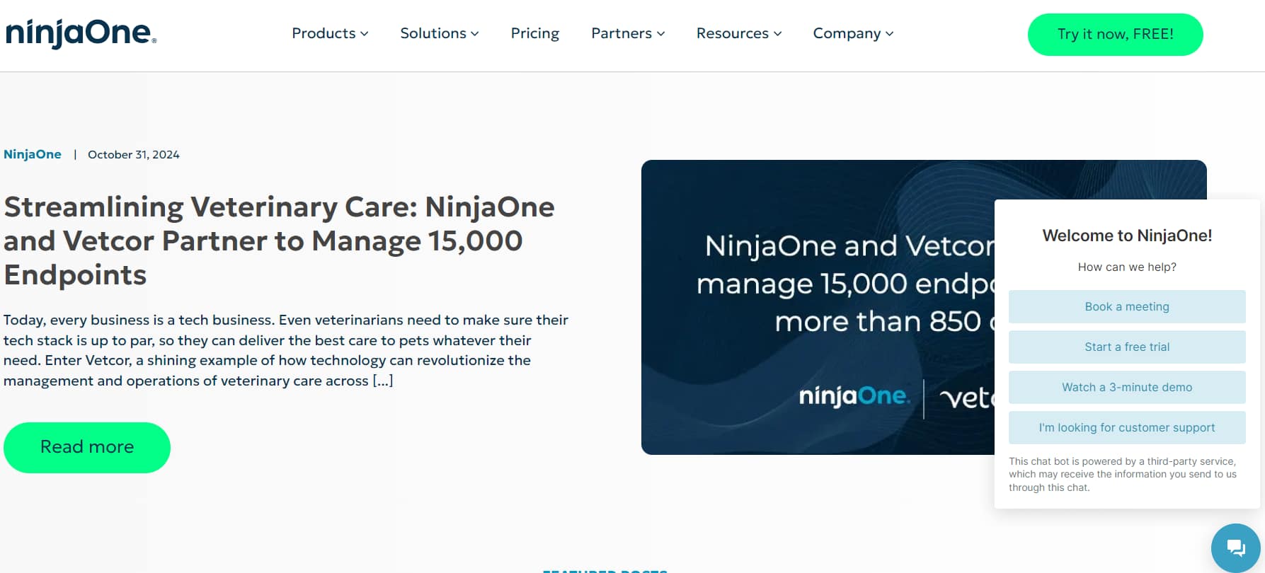 Une image de la page NinjaOne avec le chatbot