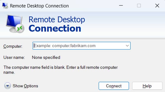 Fenêtre de Connexion Bureau à distance (Remote Desktop Connection) : saisie d'informations sur l'ordinateur