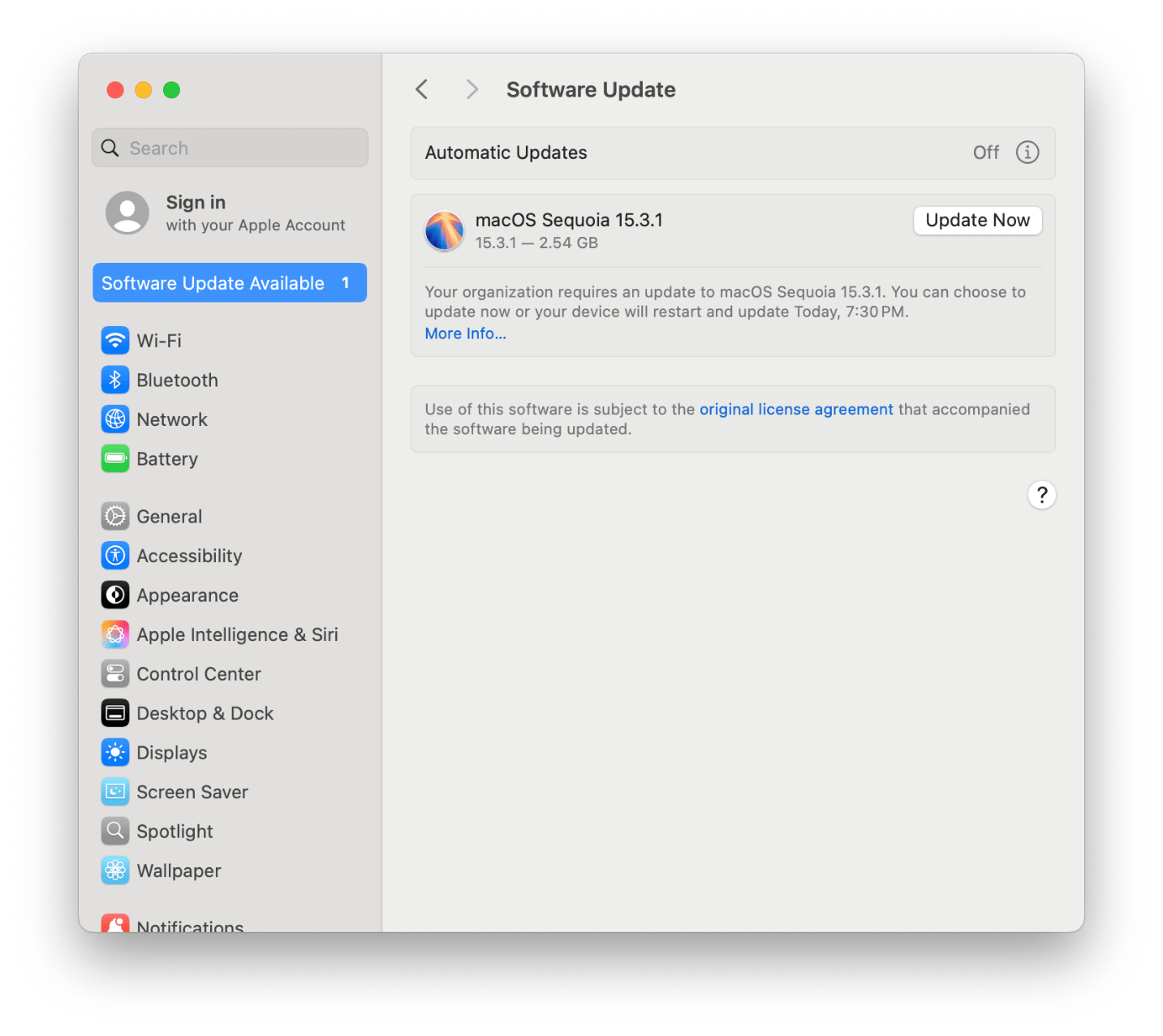 Schermata delle impostazioni di Aggiornamento software