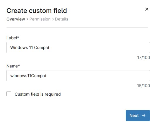 Create custom field dialog box