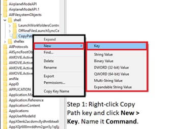 Crea un comando sotto la chiave CopyPath. Fai clic con il pulsante destro del mouse sulla chiave CopyPath, scegli Nuova > Chiave e denominala Comando.