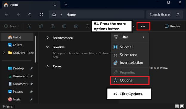 Menu opzioni di Esplora file