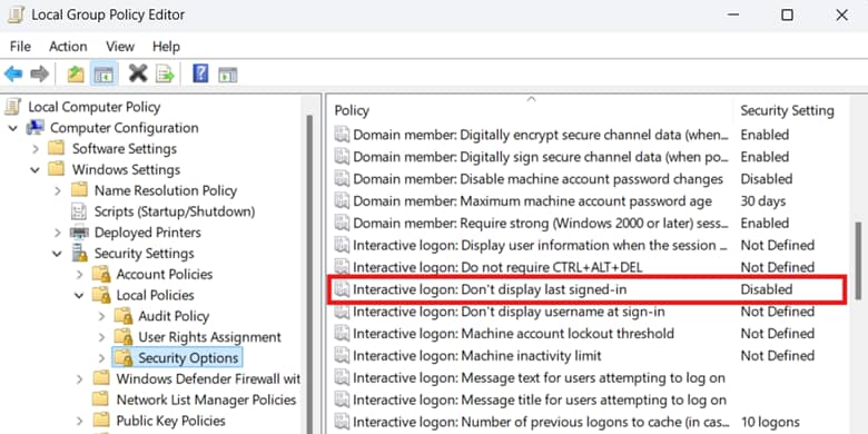Editor dei criteri di gruppo locali: Configurazione del computer, Impostazioni di Windows, Impostazioni di sicurezza, Criteri locali, Opzioni di sicurezza