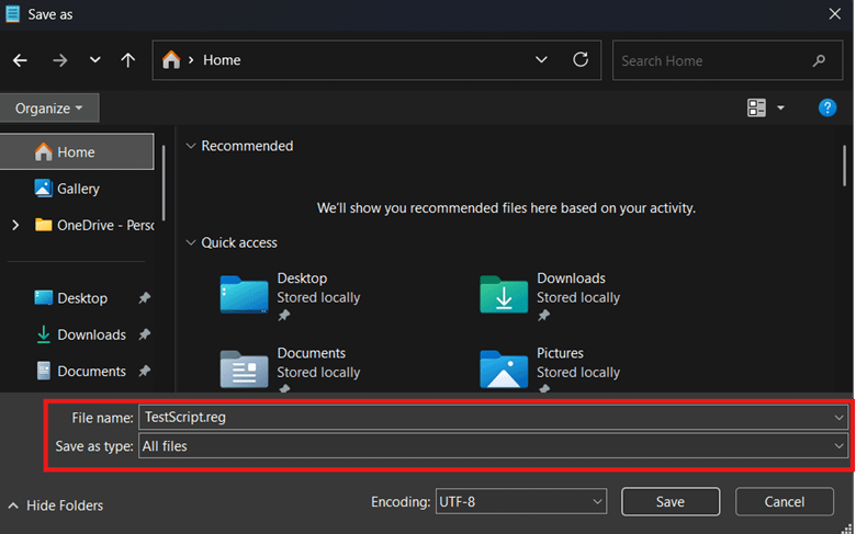 Salva con nome e denomina il file TextScript.reg