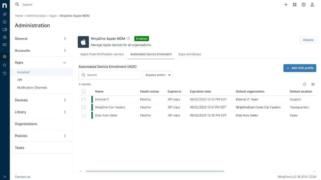 NinjaOne MDM with multi-tenancy keeps client systems separate and secure while managing it all from a single pane of glass.