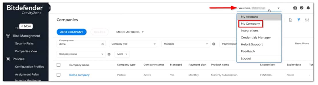 Select My Company from the drop-down menu for the page How to Connect Bitdefender GravityZone with NinjaOne