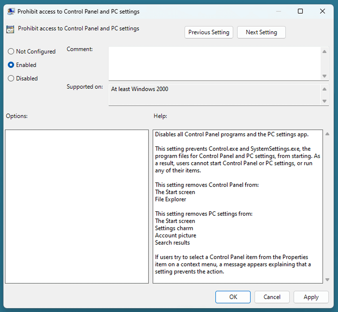 Select Enabled in the settings window and then click OK.