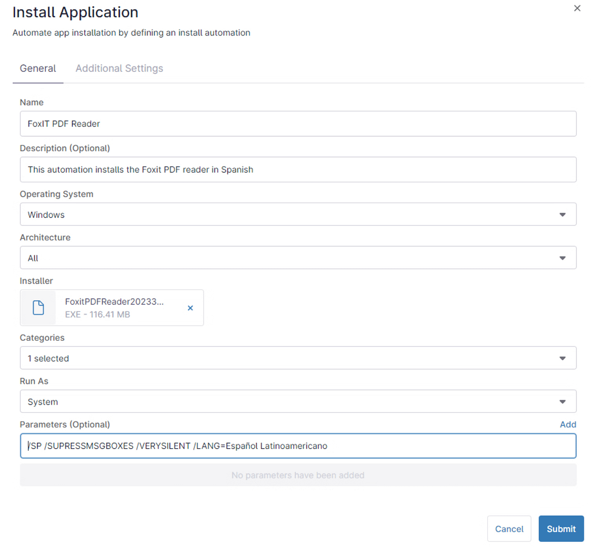 A screenshot of installing application and parameters screen