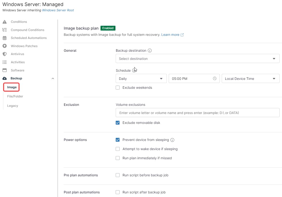 Select the backup section for which you want to create a backup plan/Image, and File/Folder.