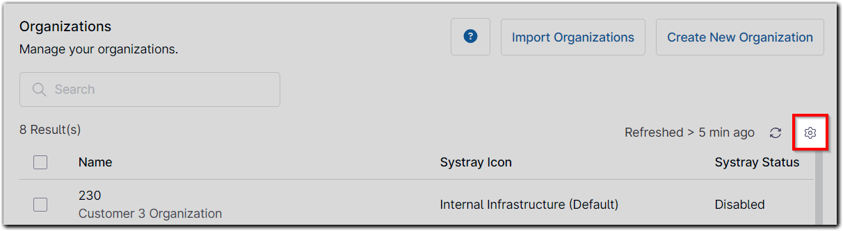 Click the gear icon under the Create/Import Organization buttons to add or remove columns.