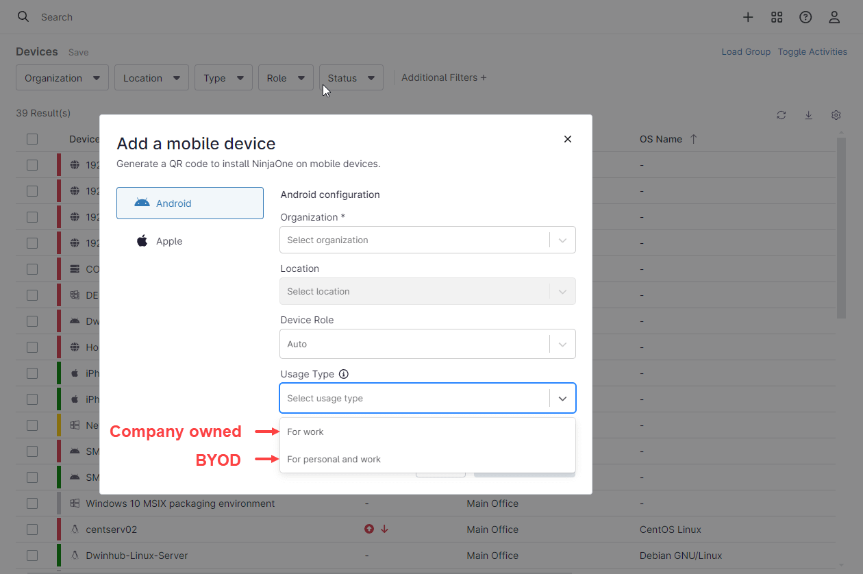 A window to select if the mobile device is BYOD or company owned for the page Android App Management