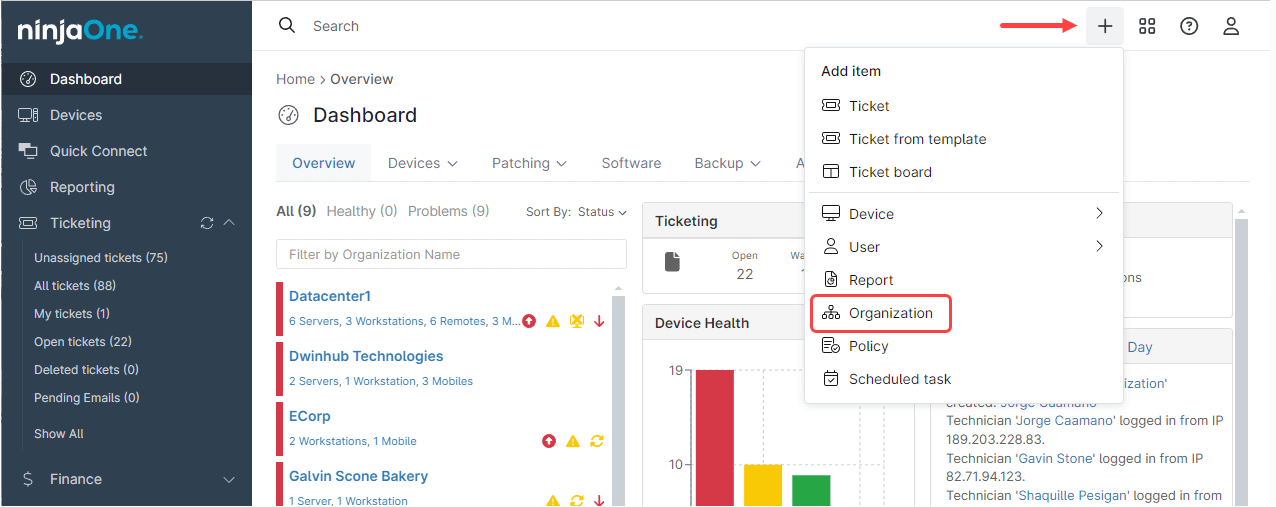 NinjaOne dashboard for the page Creating and Configuring Organizations 