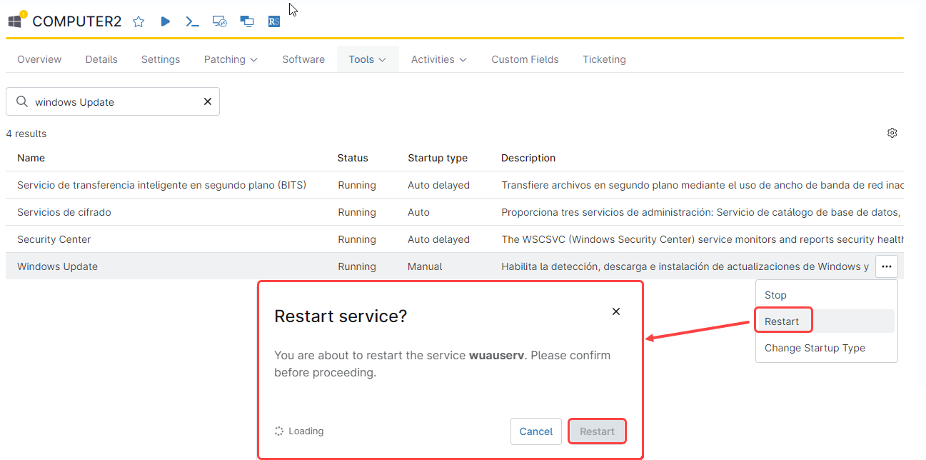 Click the actions icon and select Restart from the drop-down menu.