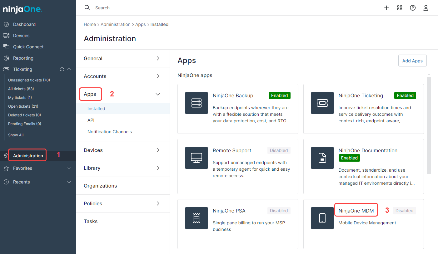 Administration window for the page Android Enterprise