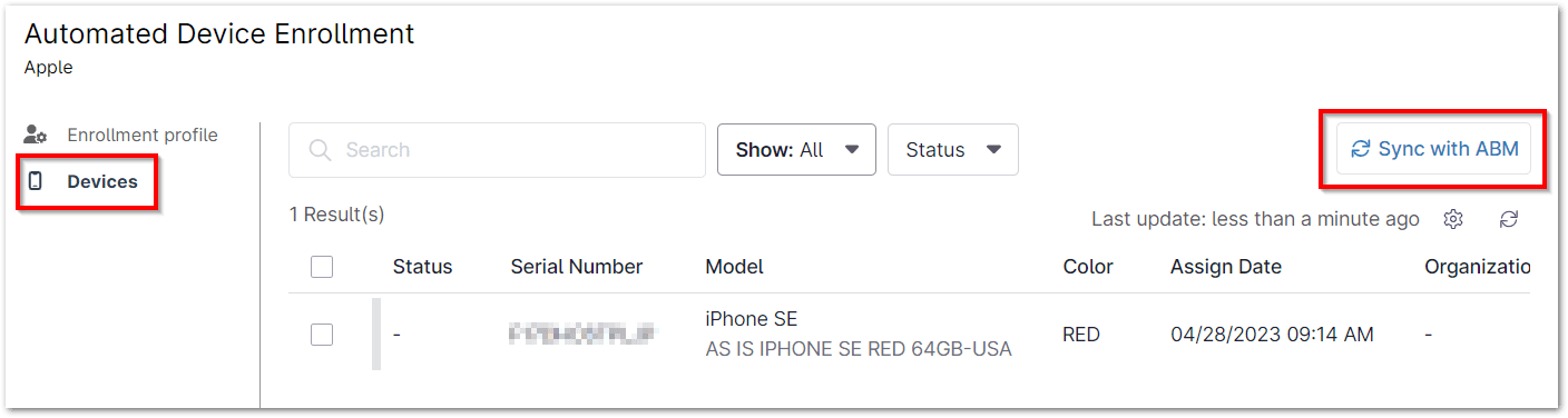 Open the Devices tab and click Sync with ABM.