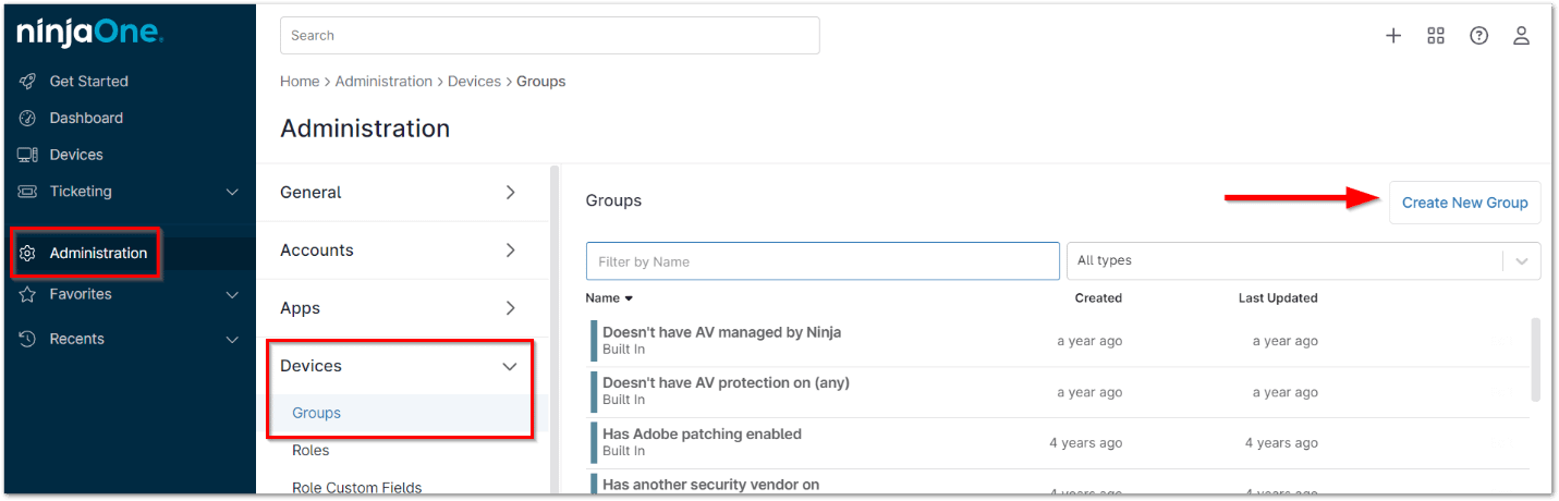 Navigate to Administration > Devices > Groups, and click Create New Group in the top right corner of the screen, which takes you to the Devices tab.