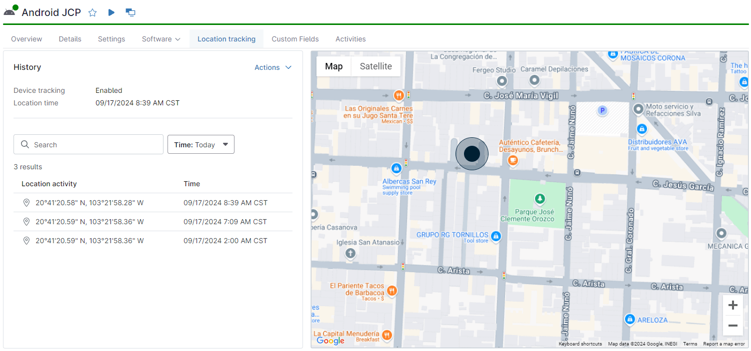 The Location Tracking tab pulls the location information for the device.