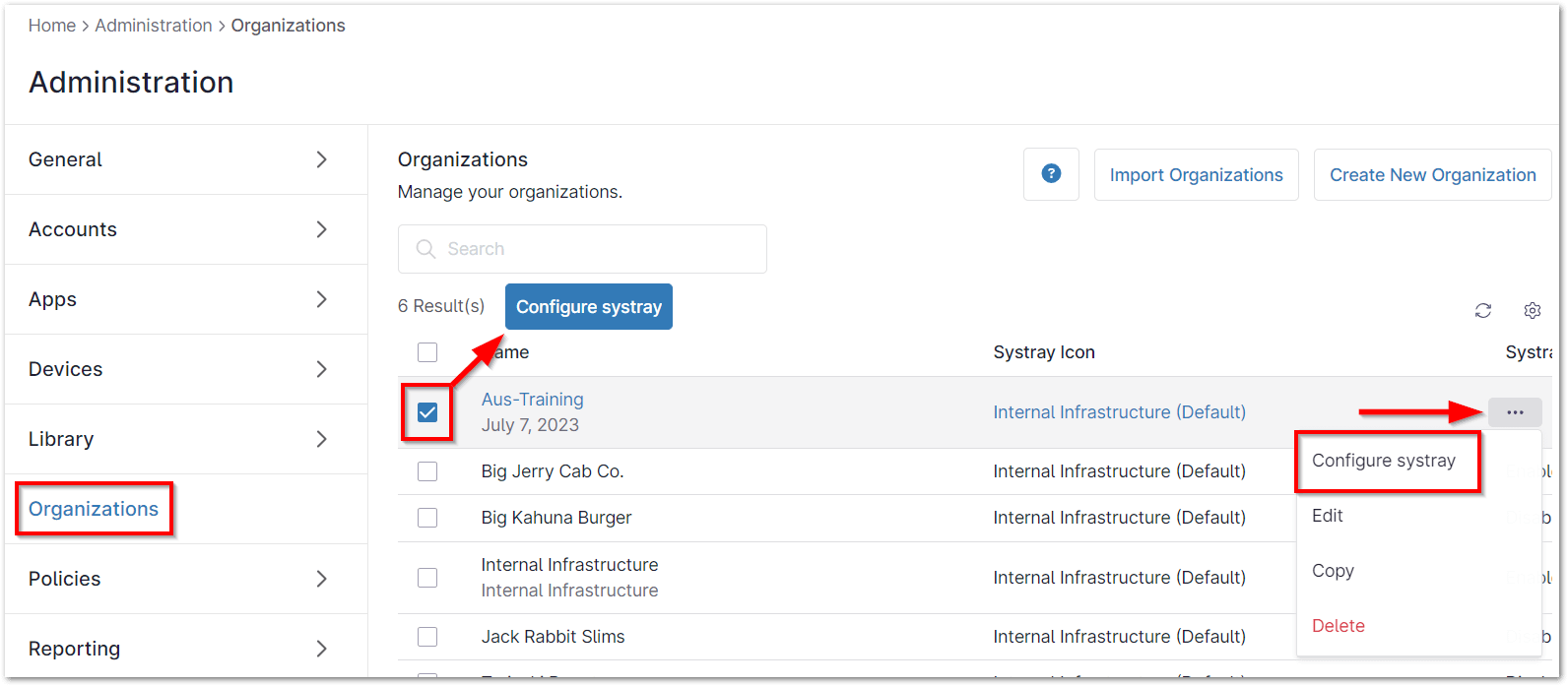 Click the Configure systray button or select the ellipse icon and select Configure systray from the drop-down. 