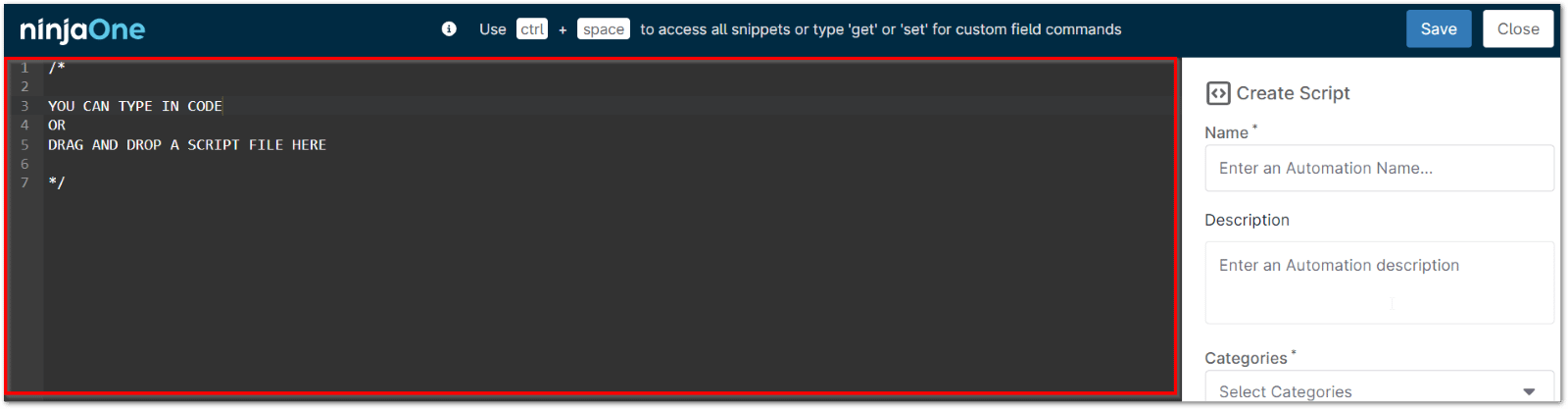 Enter the script to the left of the script field commands.