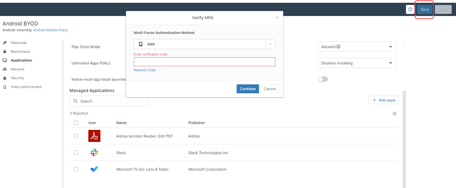 A screenshot of the window to verify MFA response for the page Android App Management