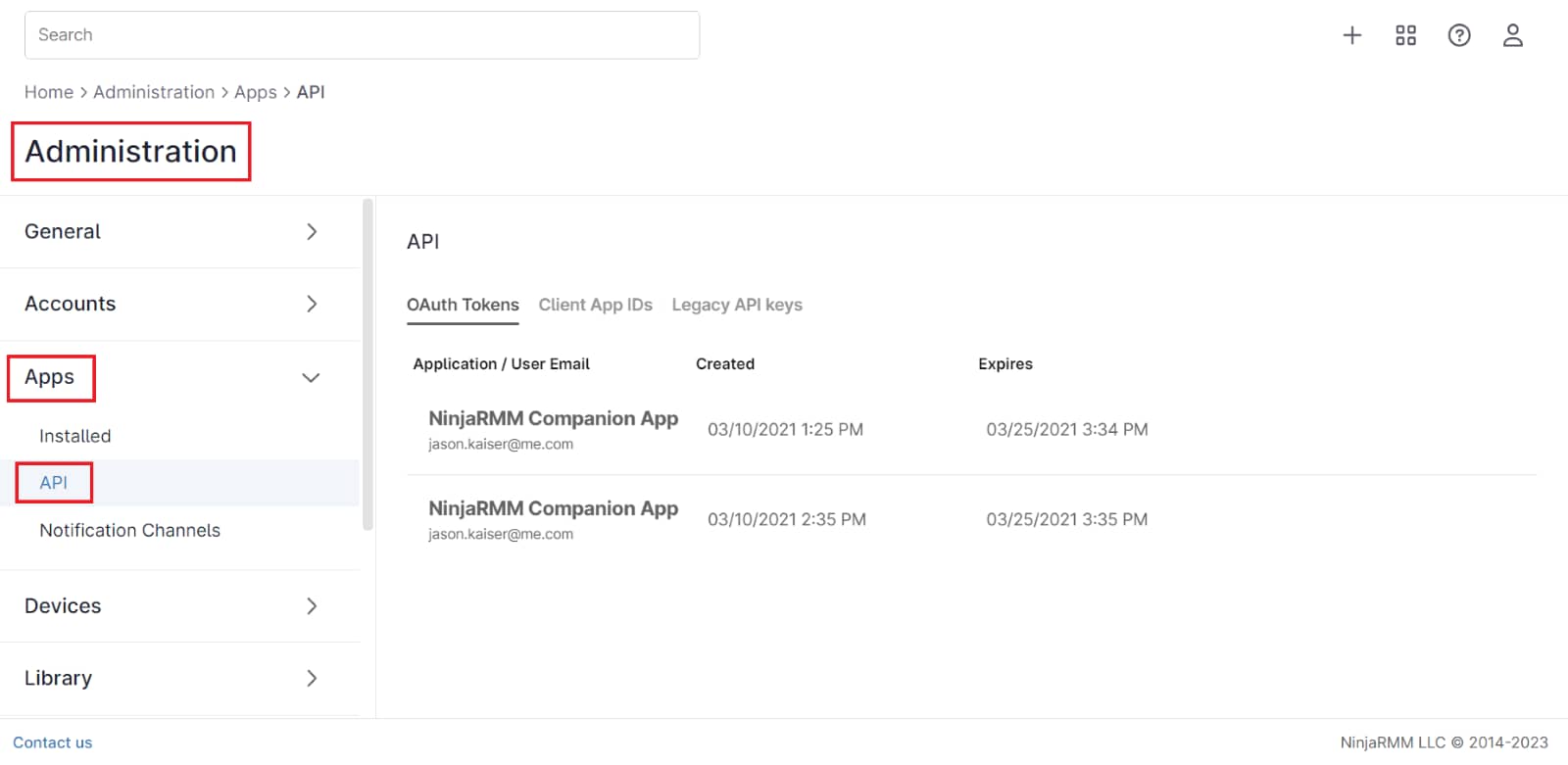 API settings can be found under Administration > Apps > API.