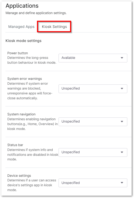 Kiosk Settings 