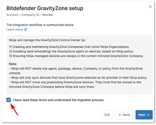 Activate the radio box for the page How to Connect Bitdefender GravityZone with NinjaOne