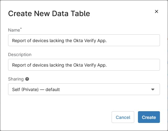 Create New Data Table tab