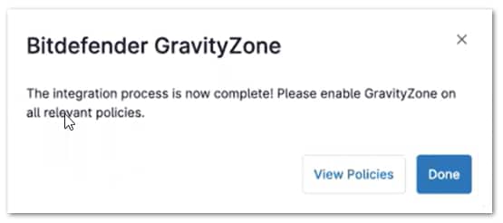 Confirmation notice that the integration is complete for the page How to Connect Bitdefender GravityZone with NinjaOne