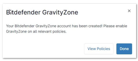 Bitdefender GravityZone account has been created for the page 