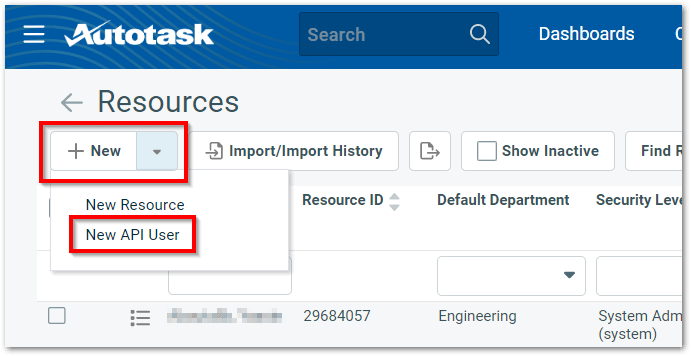 Hover over the New button and select New API User for the page "How to Connect Autotask"