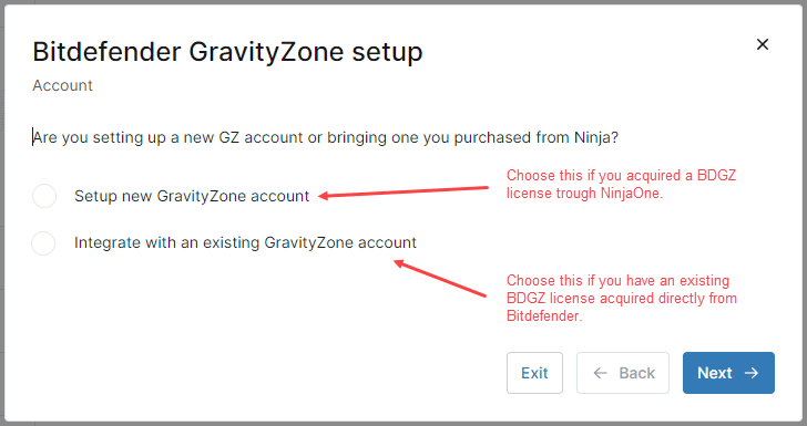 Bitdefender Gravity Zone dialog box for the page How to Connect Bitdefender GravityZone with NinjaOne