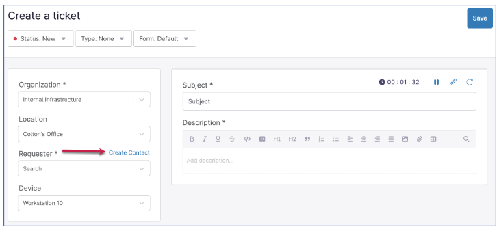 You can also create a contact from within a ticket, to do this, when creating a ticket, locate the Requester field and click Create Contact.