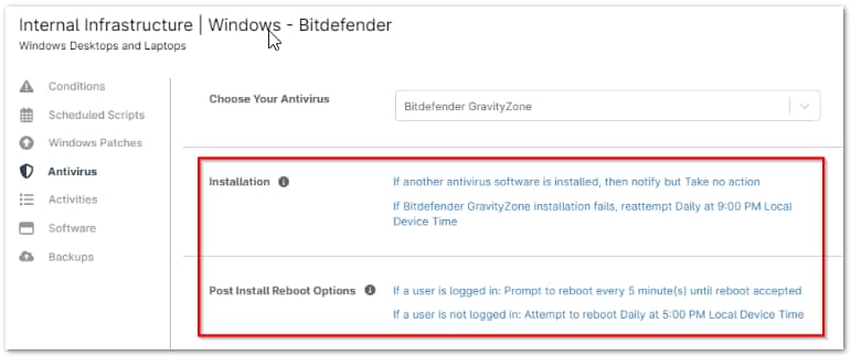 Configure the preferred installation and post install reboot options