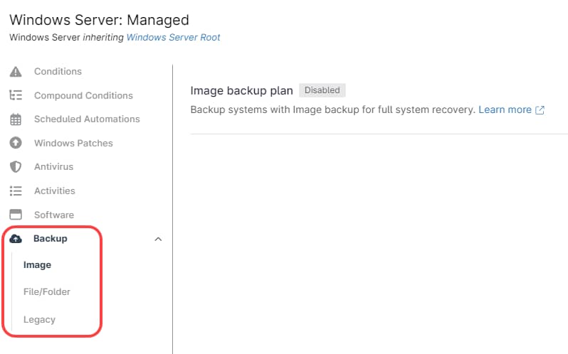 Select the backup section for which you want to create a backup plan/Image, and File/Folder.