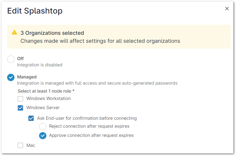 Select an option from the dropdown list to turn an integration off or manage access, enable systray templates, update node approvals, etc. 