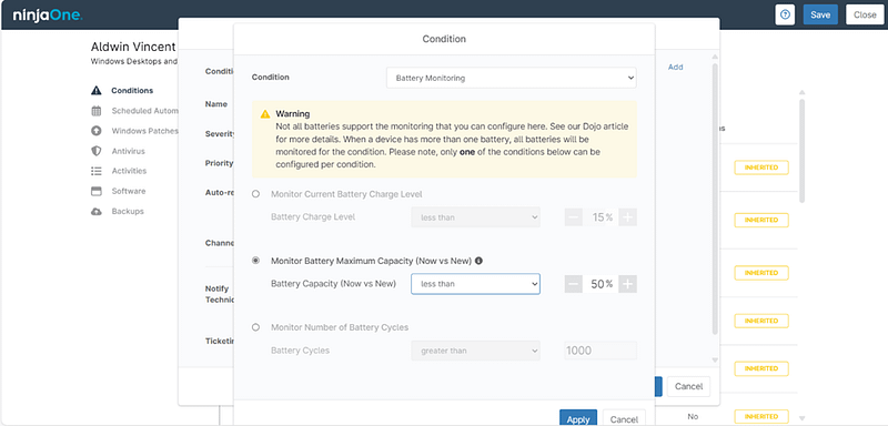 A screenshot showing the battery monitoring conditions