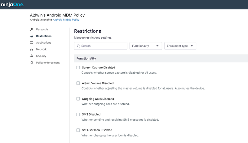 A screenshot of the MDM Policy