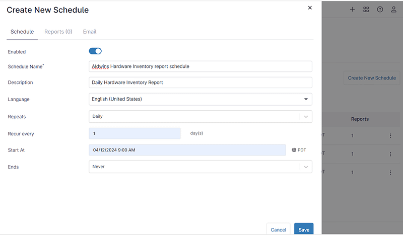 A screenshot of 'Create a New Schedule' for the page Hardware Inventory Reports