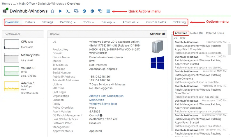 A screenshot detailed information of the device