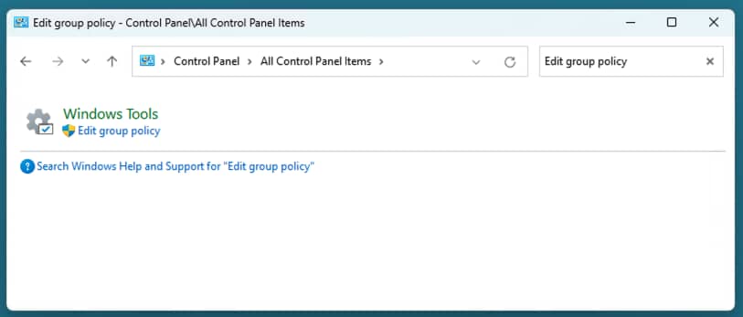Open the Edit group policy search result from Windows tools